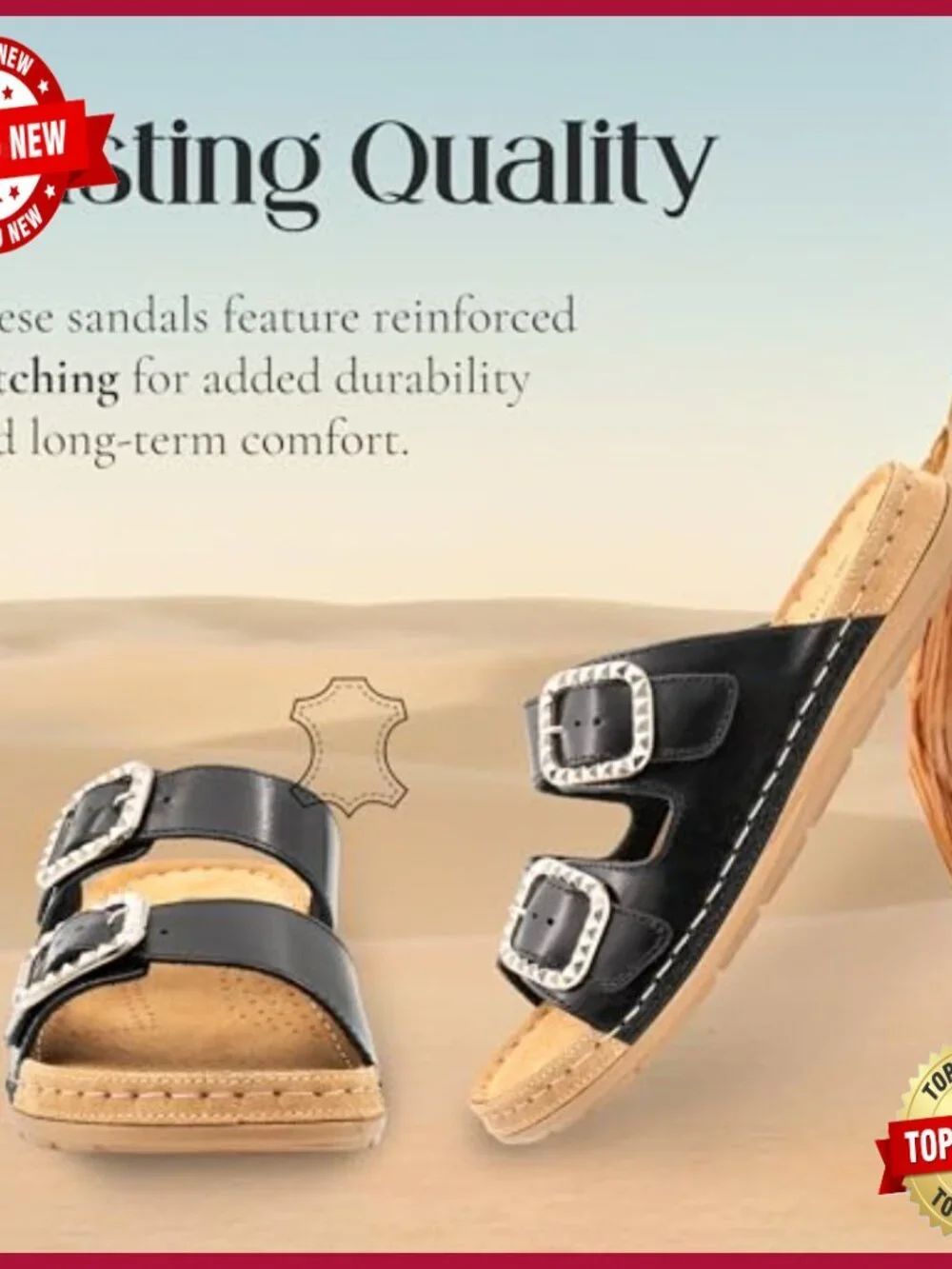Leather Studded Double-Buckle Slide Sandals, Women's US 6-10, Full-Grain